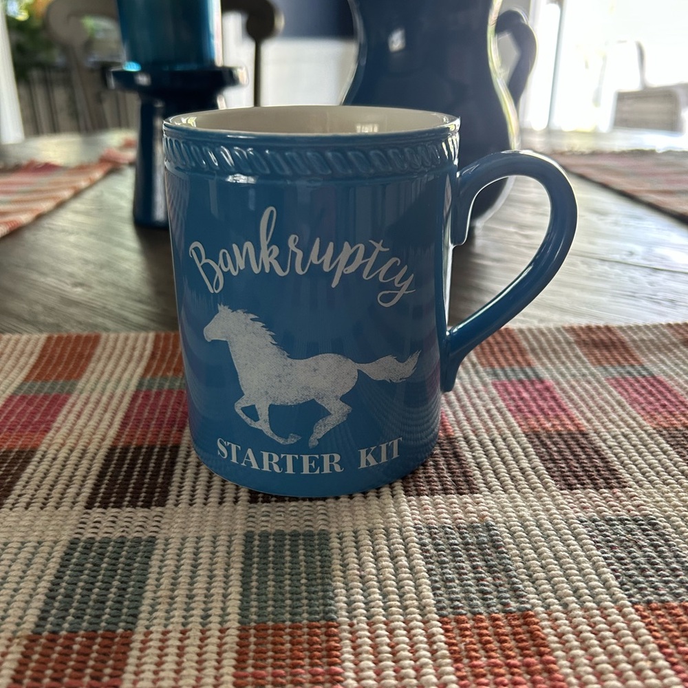 Mug Horse “Bankruptcy Starter Kit” Equestrian Rider New Pretty Blue